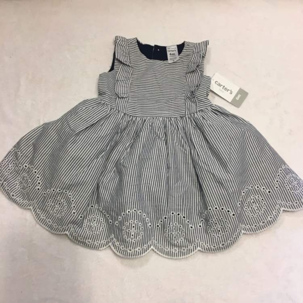 Carter's‎ Striped Eyelet Dress Baby Girl 6M Blue White New Ruffle Scalloped Hem